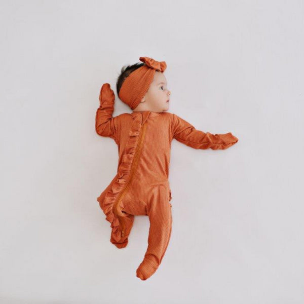 ruffle-2-way-zip-romper-ribbed-rust Presley Couture at Sophia's Style-Baby Zip Romper-1